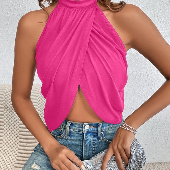 Crossover Rhinestone Chain Detail Backless Halter Top - Picture 3 of 6